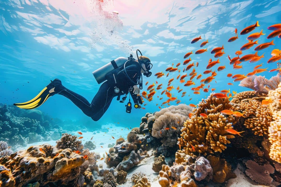 Dolphin Dive scuba divers exploring the reef at Netrani Island