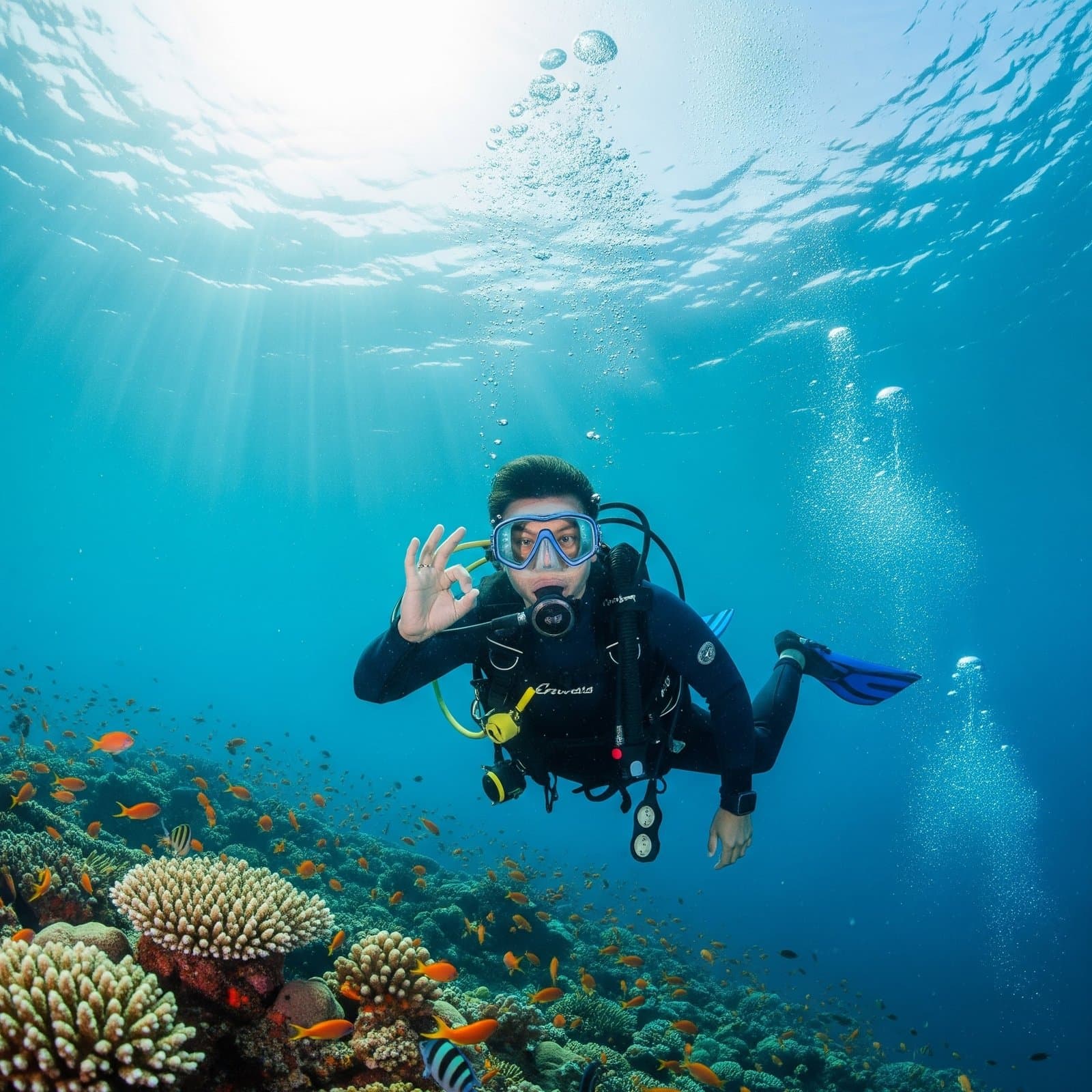 Dolphin Dive instructor guiding a diver over coral at Netrani Island